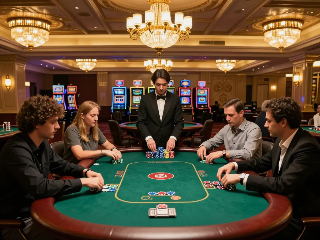 LUCK8 players strategizing at a poker table, showcasing high stakes and an upscale casino ambiance