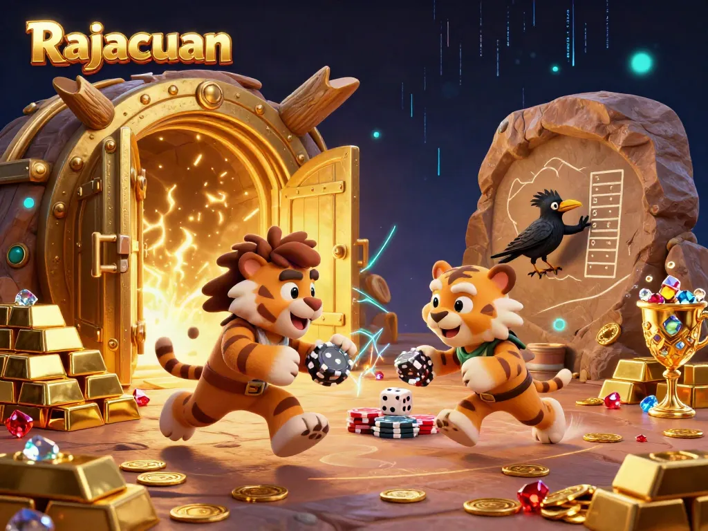 Rajacuan casino illustration featuring a caveman and sabertooth tiger playing and winning, surrounded by treasures.