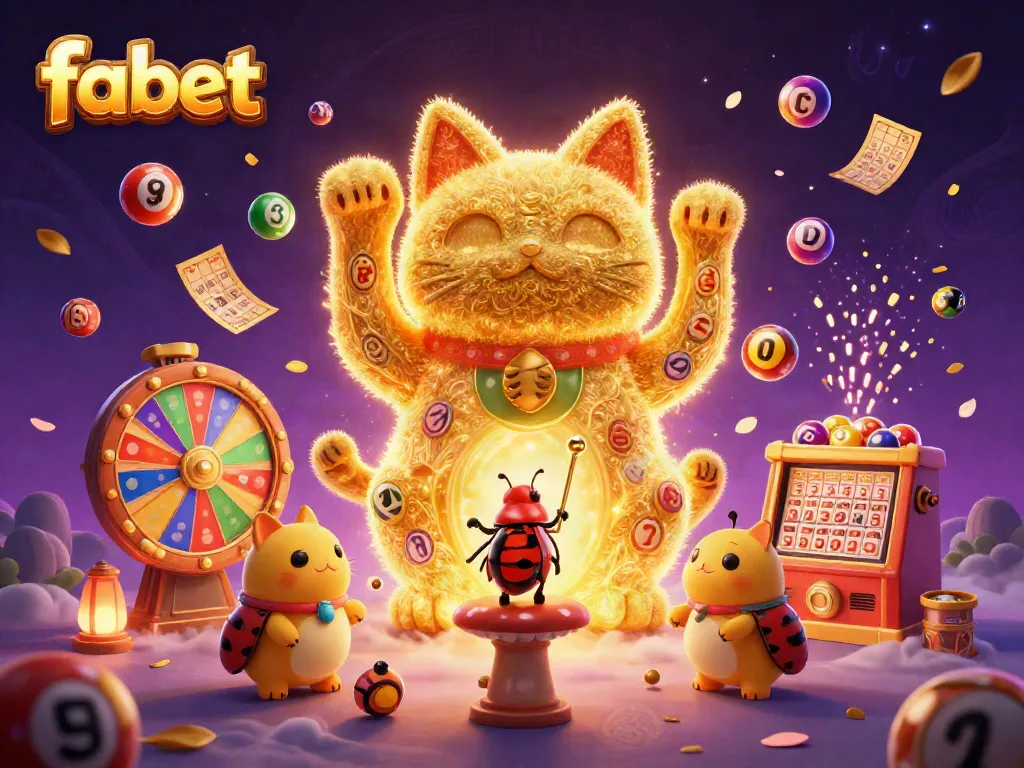 Experience fabet's vibrant gaming world with a giant lucky cat made of fireflies and dynamic casino elements.