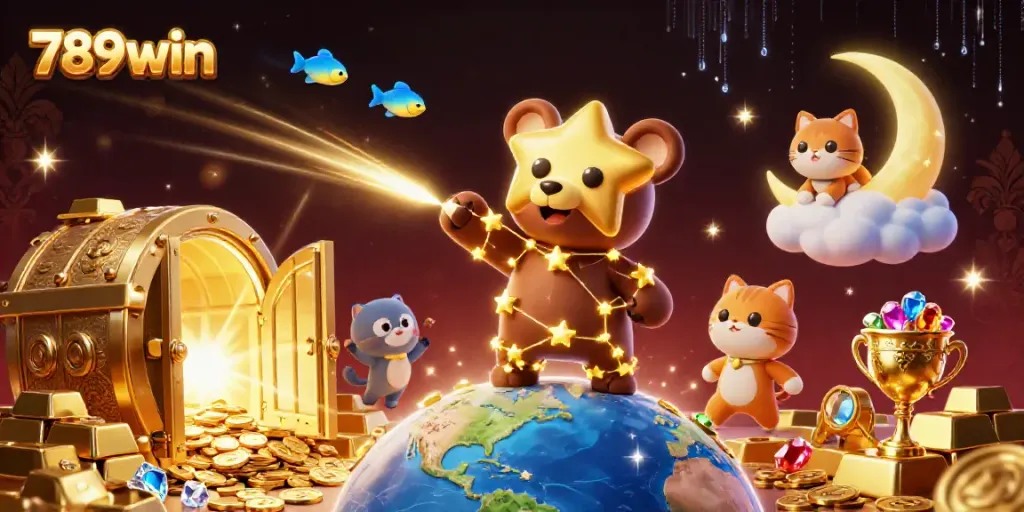 Experience thrilling wins at 789win, where a constellation bear scoops up coins surrounded by golden treasures.