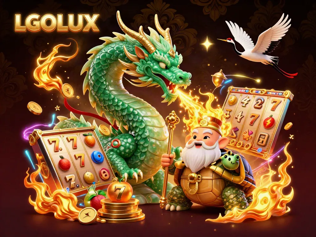 Experience exhilarating gameplay at LGOLUX with an enchanting illustration of a dragon and sage symbolizing fortune.
