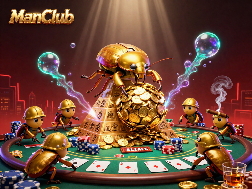ManClub showcases a vibrant casino scene with cartoon beetles and poker elements.