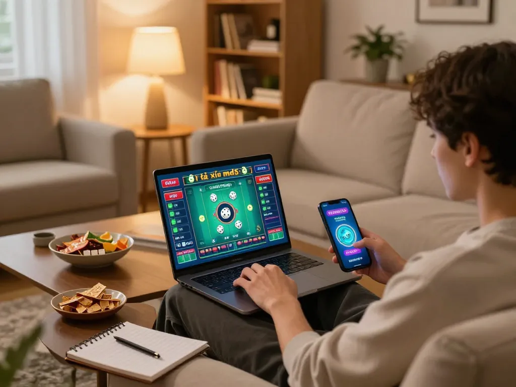 Player engaging in tài xỉu md5 online gaming with tablet and notebook at cozy home setting