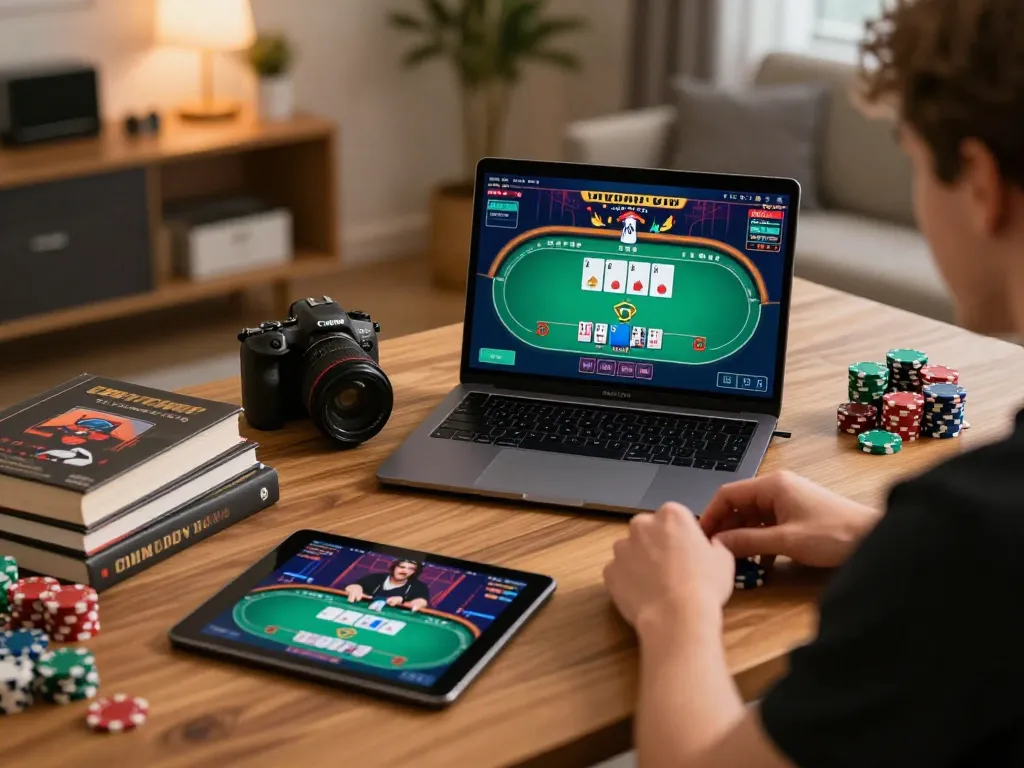 Engaging in online poker with gamedoithuong88 in a cozy home setup, showcasing strategy and excitement.