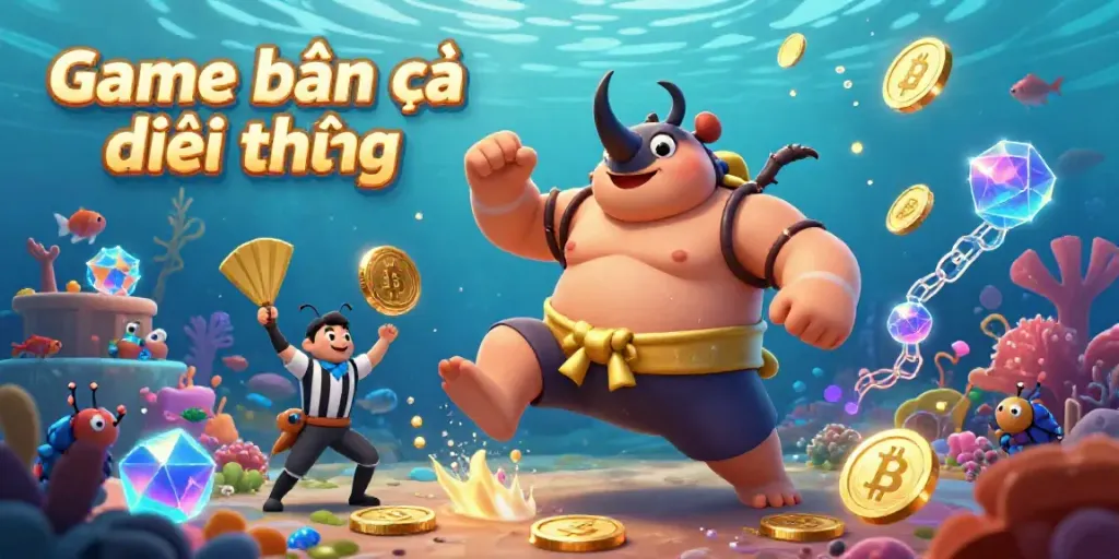 Experience the excitement of Game bắn cá đổi thưởng in an underwater kingdom with vibrant characters and gold coins.