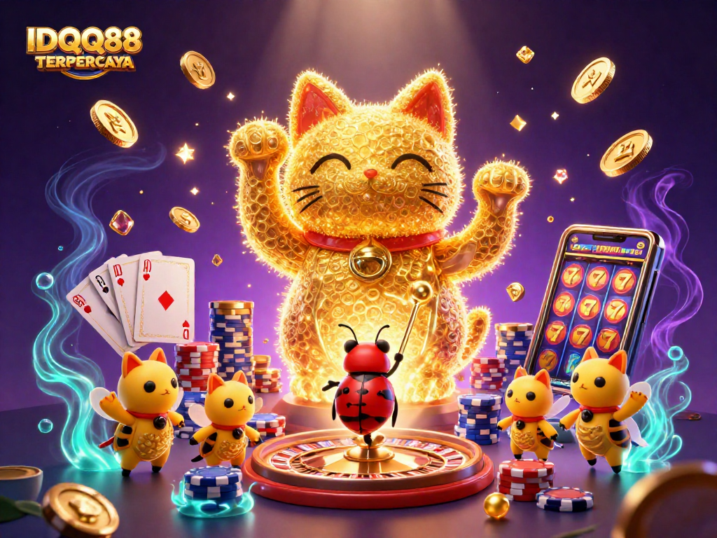 Experience the thrill of gaming with IDQQ88 TERPERCAYA in a vibrant casino scene featuring a lucky cat, coins, and spinning roulette.