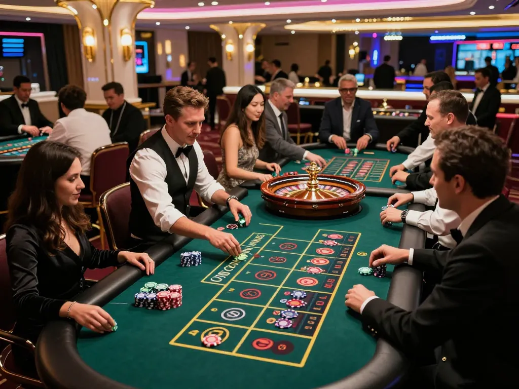 Players engaged in thrilling roulette gameplay at QQ 88 casino, vibrant atmosphere and colorful chips.
