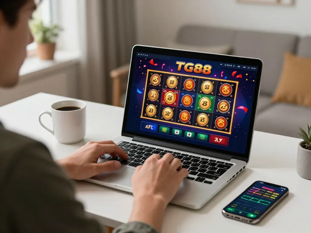 Gambler engaging with TG88 online casino slot games on a laptop in a cozy home office setting.