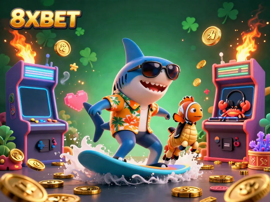 Experience thrilling gaming adventure at 8XBET with vibrant characters surfing on golden coins.