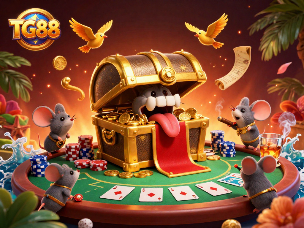 Join the excitement at TG88 with a vibrant casino scene featuring golden treasures, poker chips, and thrilling gameplay.