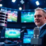 Engaging scene of sports broadcasting with a commentator in action, showcasing dynamic visuals.