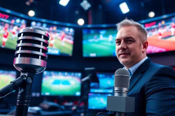 Engaging scene of sports broadcasting with a commentator in action, showcasing dynamic visuals.