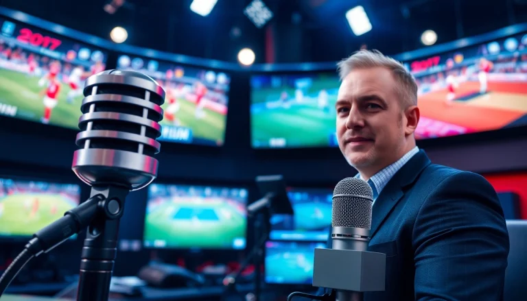 Engaging scene of sports broadcasting with a commentator in action, showcasing dynamic visuals.