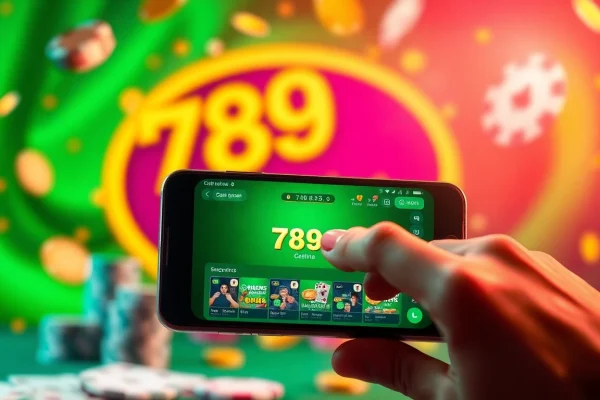 Tải game 789 Club on a smartphone with vibrant gaming elements, showcasing user interaction and excitement.