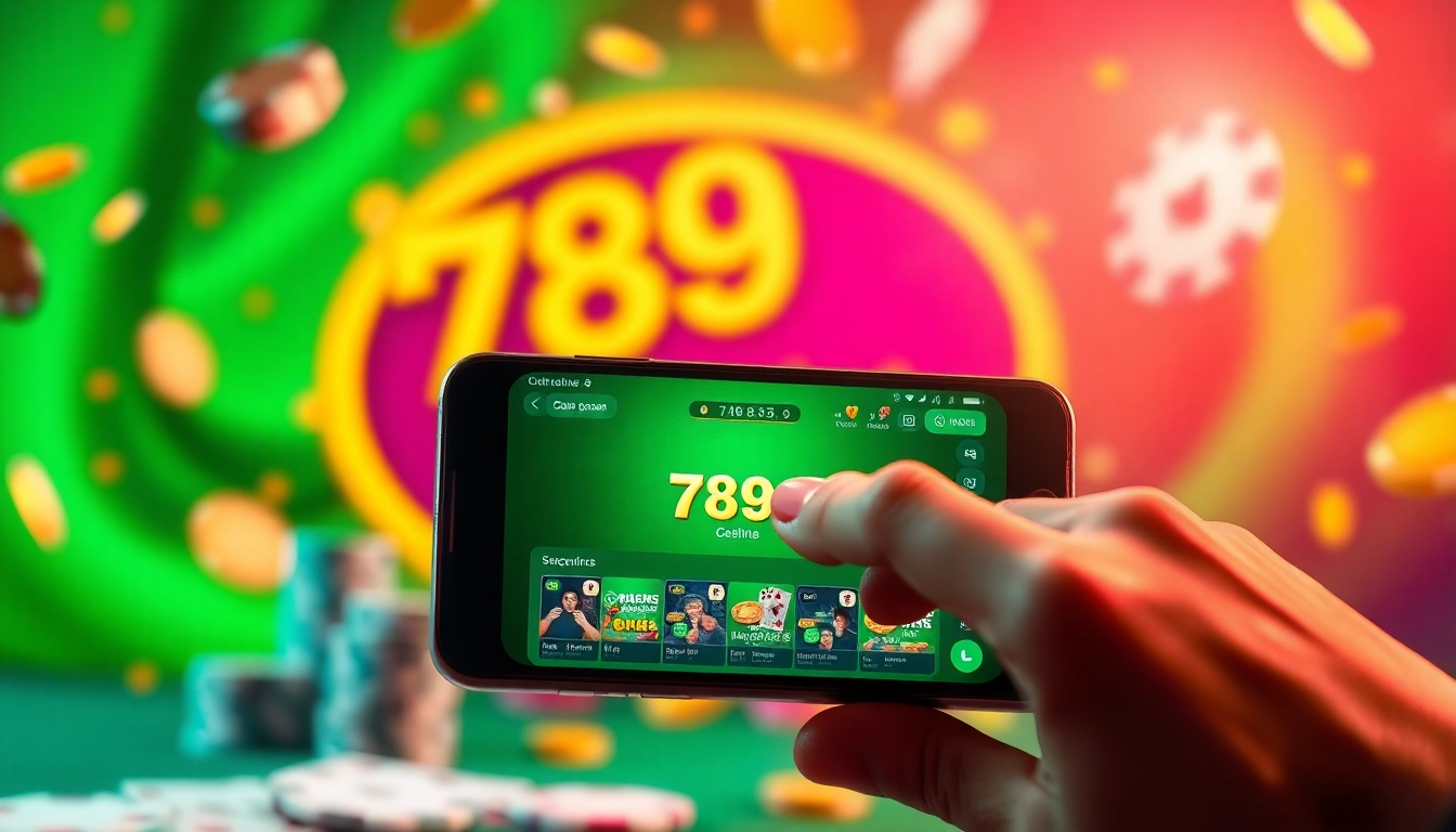 Tải game 789 Club on a smartphone with vibrant gaming elements, showcasing user interaction and excitement.
