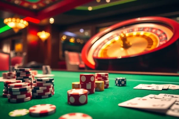 Experience the thrill of betting at nhà cái tg88 with poker chips, cards, and a spinning roulette wheel.