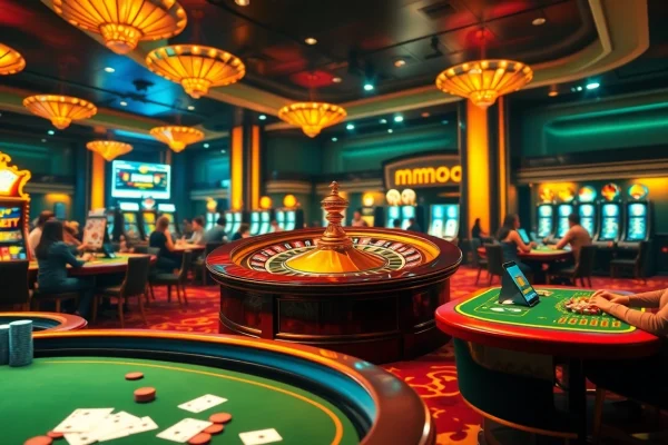 A vibrant casino scene with roulette and gambling elements centered around mmoo, showcasing excitement and luxury.
