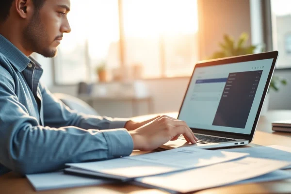 Submitting eta application uk with a focused professional at work in a bright office