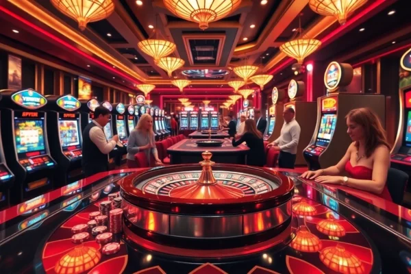 Experience the excitement of VSWIN with vibrant casino action featuring slot machines and players.