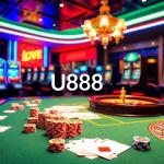 Experience the excitement of U888 Love with vibrant casino visuals featuring poker chips, cards, and roulette wheels.