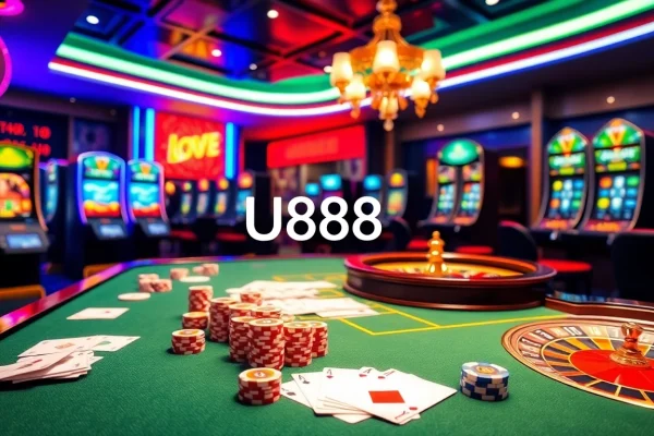 Experience the excitement of U888 Love with vibrant casino visuals featuring poker chips, cards, and roulette wheels.