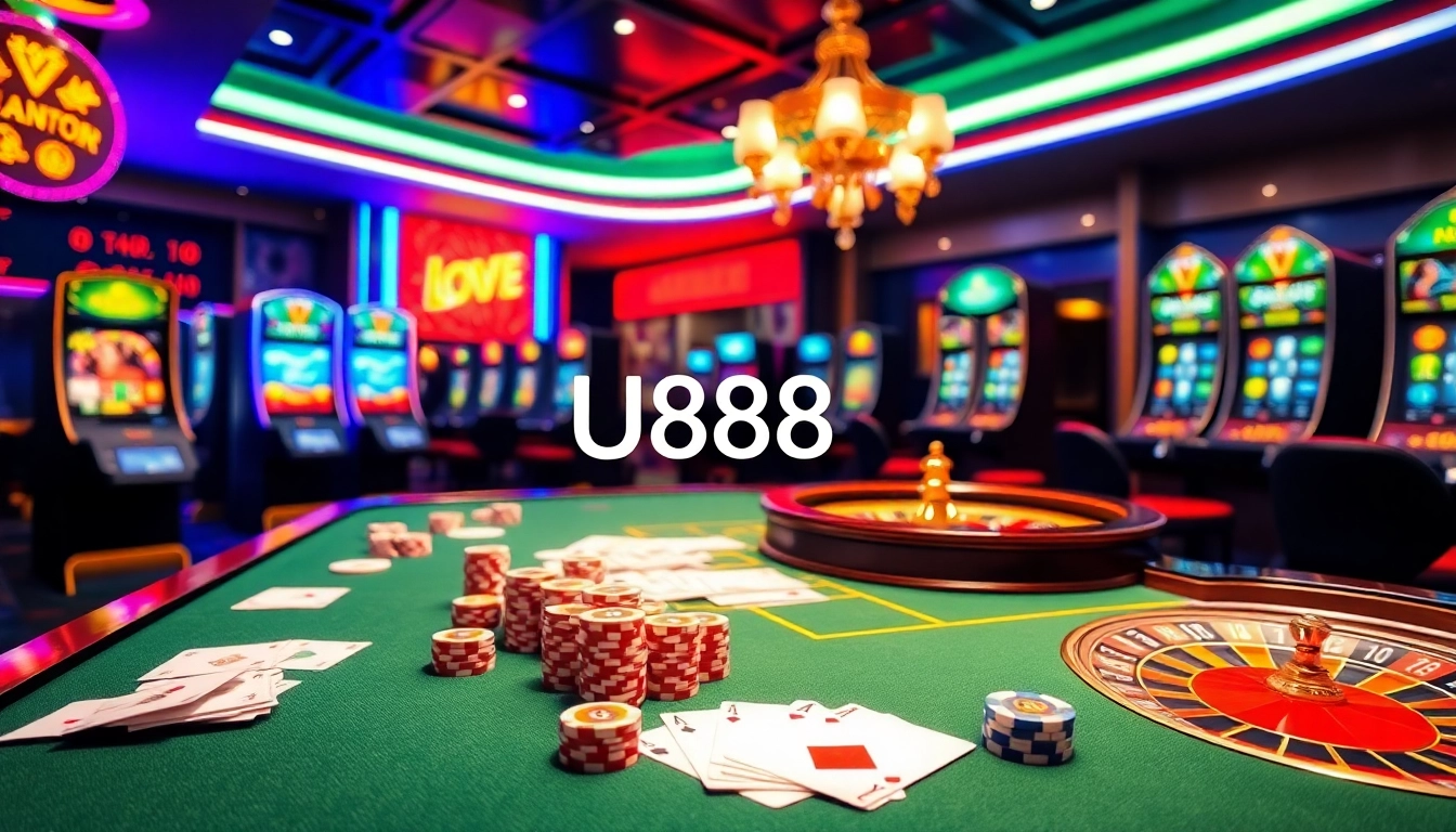 Experience the excitement of U888 Love with vibrant casino visuals featuring poker chips, cards, and roulette wheels.
