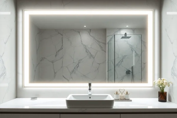 Bright mirror and led lights illuminating a stylish bathroom with elegant decor.