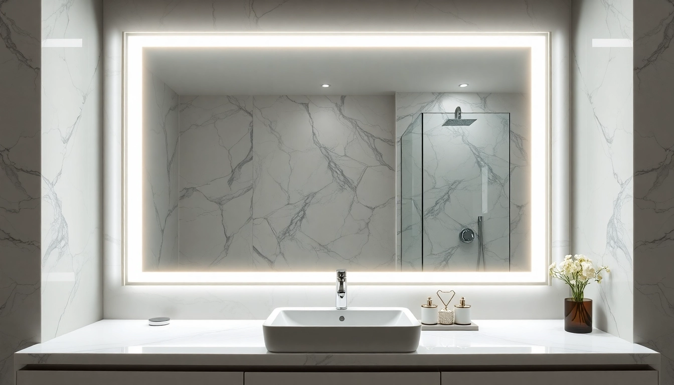 Bright mirror and led lights illuminating a stylish bathroom with elegant decor.