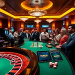 Players immerse in the excitement of MMOO casino, featuring vibrant tables, chips, and a roulette wheel.