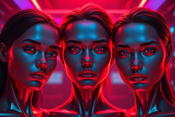 Dynamic NSFW AI avatars engaging in porn chat AI interactions in a futuristic setting.