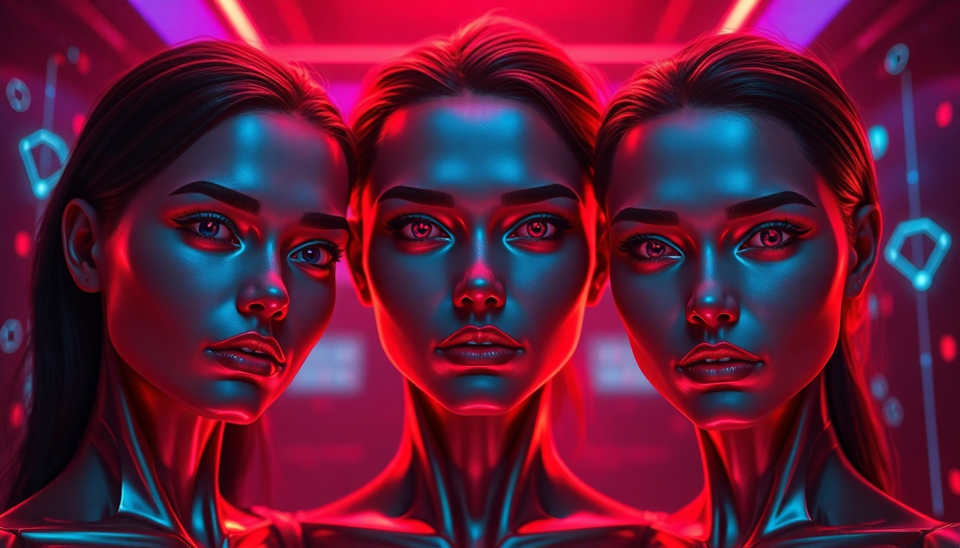 Dynamic NSFW AI avatars engaging in porn chat AI interactions in a futuristic setting.