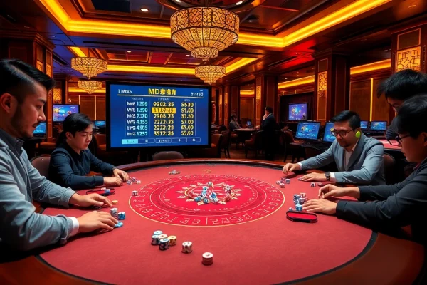 Players enjoying Tài Xỉu MD5, showcasing lively casino action with vibrant betting chips and digital results display.