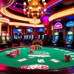 Experience the thrill of 789f at this vibrant, upscale casino scene featuring a poker table with colorful chips and cards.