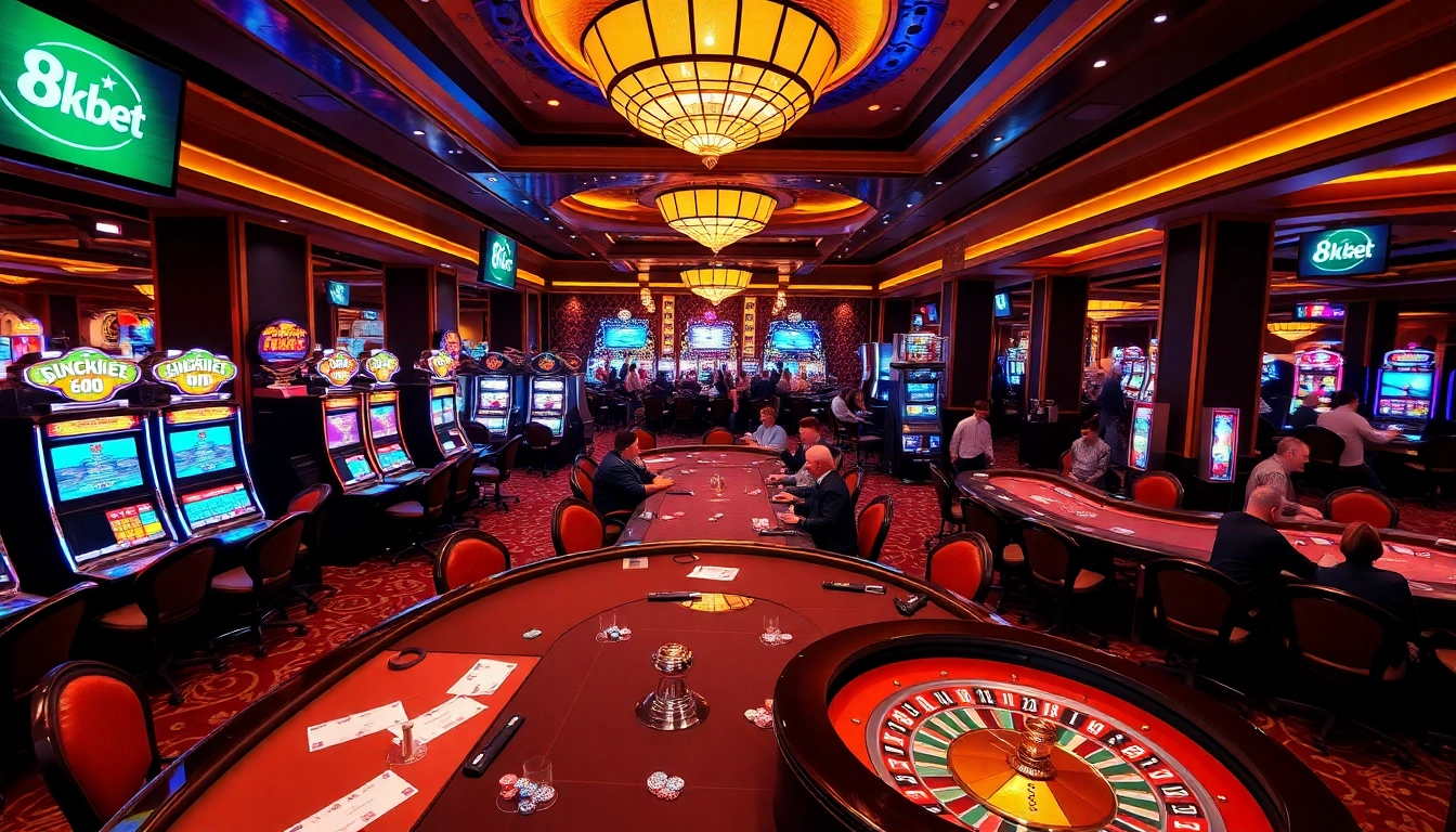 Experience the thrill of gambling at 8kbet with vibrant casino games and elegant decor.