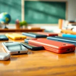 Handytasche Klassenzimmer präsentiert in einer stilvollen Anordnung auf einem Schreibtisch.