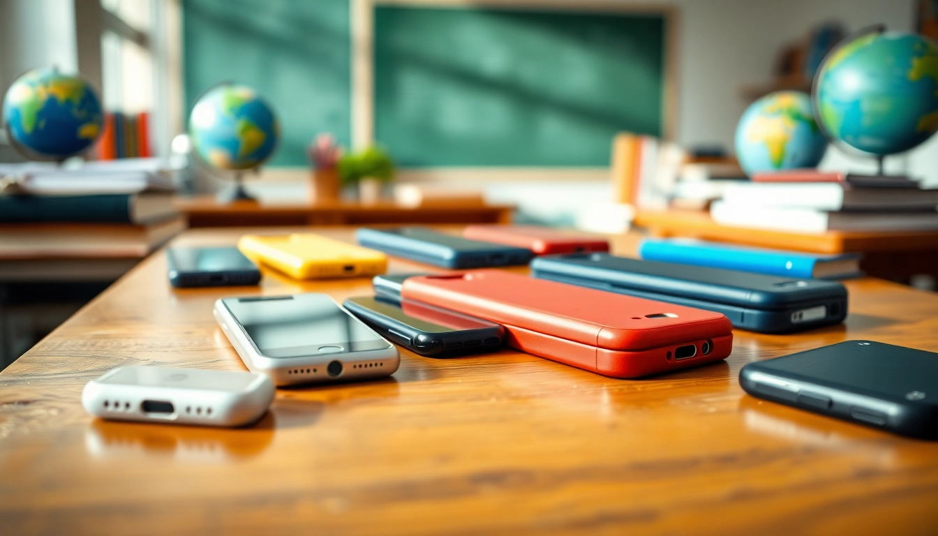 Handytasche Klassenzimmer präsentiert in einer stilvollen Anordnung auf einem Schreibtisch.