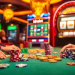 Experience the thrill of idnslot gaming at a luxurious casino table surrounded by colorful chips and slot machines.
