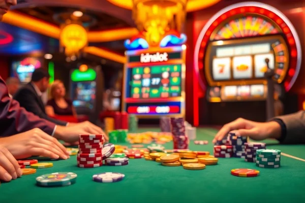 Experience the thrill of idnslot gaming at a luxurious casino table surrounded by colorful chips and slot machines.