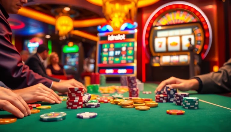 Experience the thrill of idnslot gaming at a luxurious casino table surrounded by colorful chips and slot machines.
