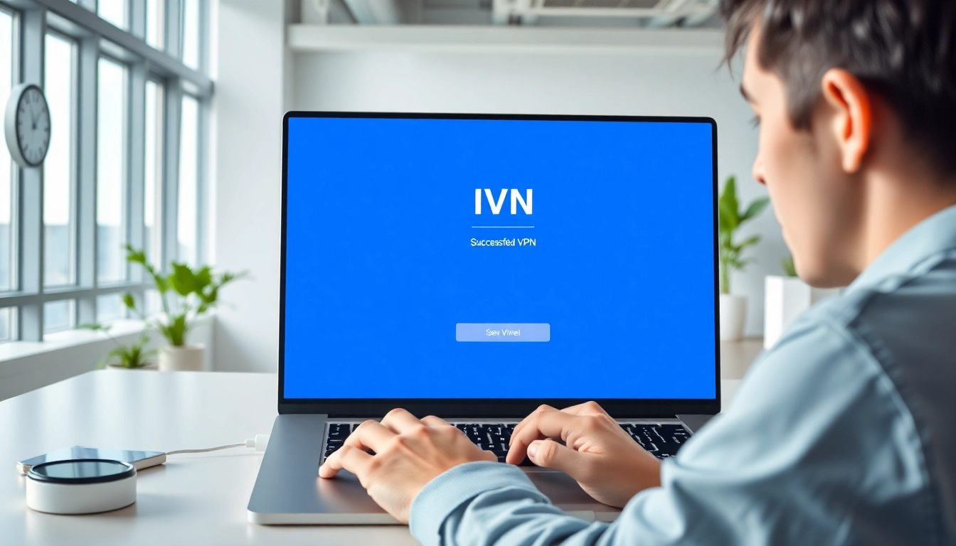 在现代办公室环境中，笔记本电脑上显示的快连 VPN 界面，展示已建立连接和高效工作。