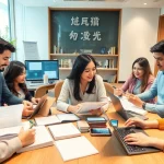 Collaborative translation setting using 有道翻译 with diverse individuals and modern tech.