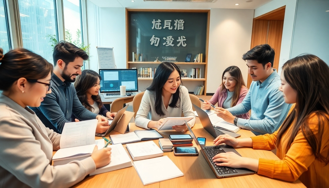 Collaborative translation setting using 有道翻译 with diverse individuals and modern tech.