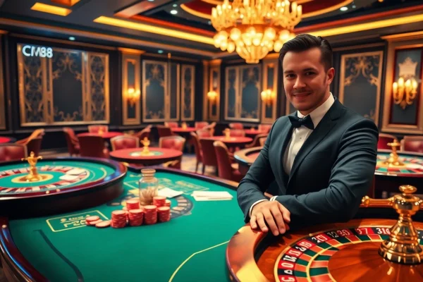 Gamblers enjoy the excitement of CM88 at luxurious casino tables with chips and cards.