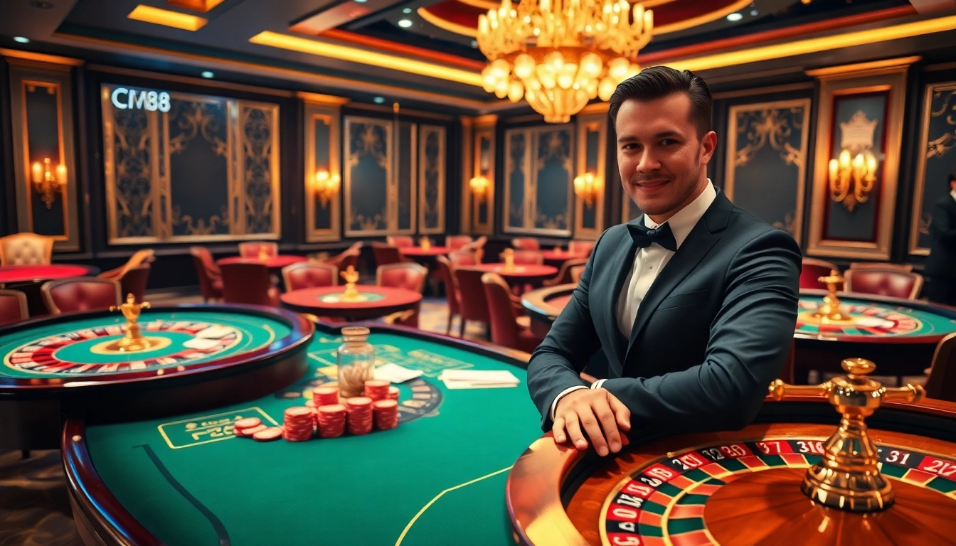 Gamblers enjoy the excitement of CM88 at luxurious casino tables with chips and cards.