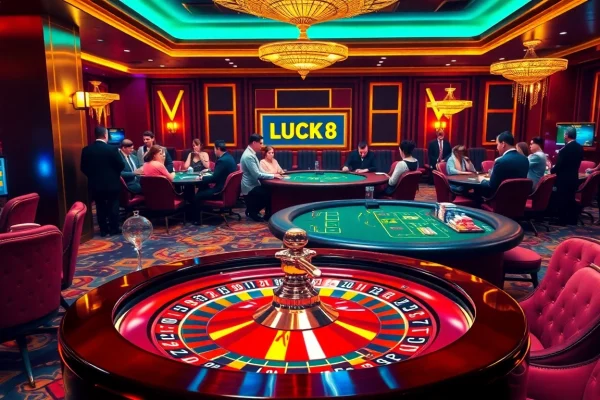 Engaged players enjoying an exciting LUCK 8 casino experience with roulette and blackjack at a vibrant table.