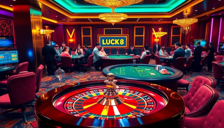Engaged players enjoying an exciting LUCK 8 casino experience with roulette and blackjack at a vibrant table.