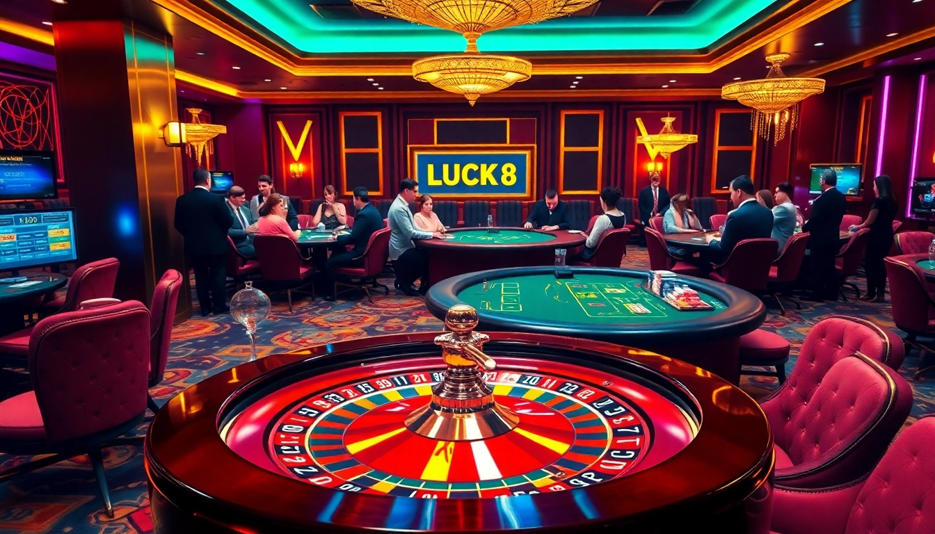 Engaged players enjoying an exciting LUCK 8 casino experience with roulette and blackjack at a vibrant table.