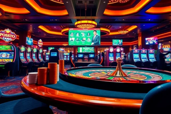 Gambling excitement at a vibrant casino showcasing ps99seo.com with poker tables and slots.
