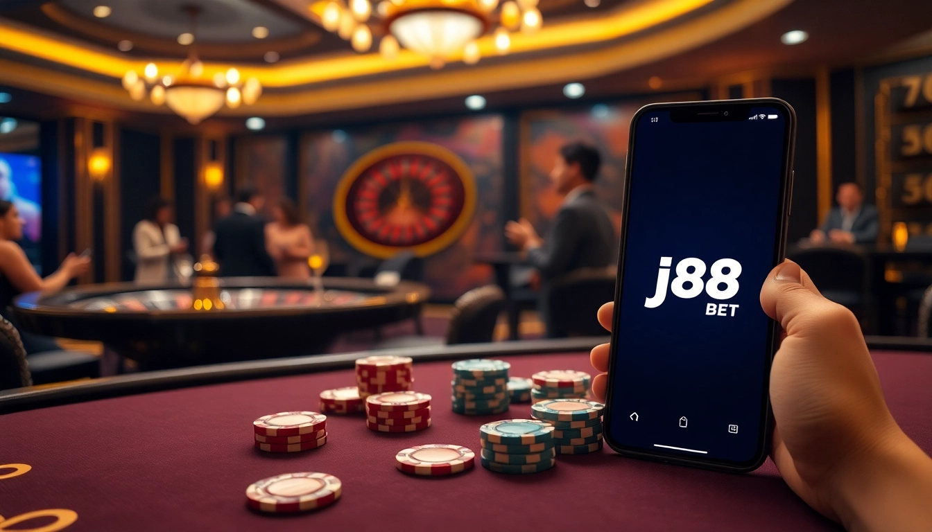 Experience j88 bet with exciting casino gameplay at a luxurious poker table.