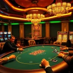 Engage in high-stakes gambling action at a sbobet link alternatif poker table, surrounded by vibrant casino elements.